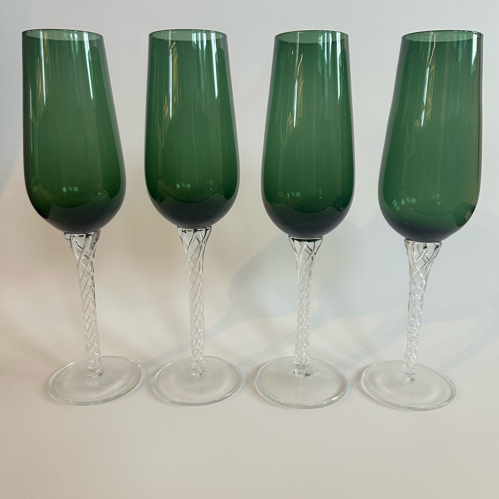 Vintage Artland GREEN BRAID, Set of 3 Fluted Champagne Glasses, 10” Handblown